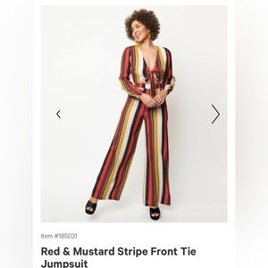 Unique Vintage Red & Mustard Stripe Front Tie Jumpsuit NWT